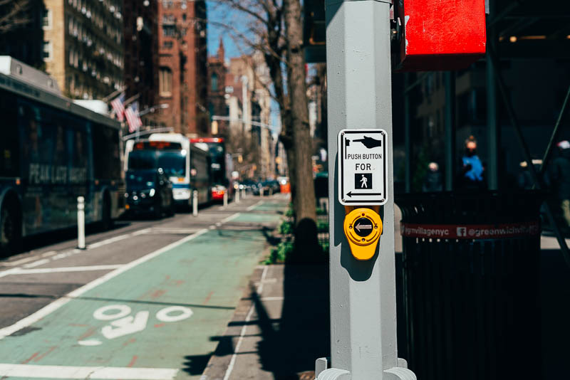 A "beg button" installed on 5th Avenue and 8th Street in Greenwich Village