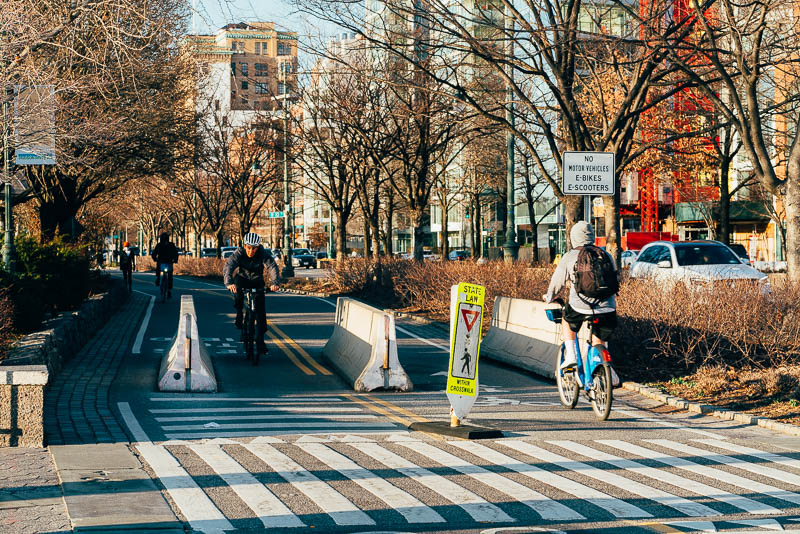 A crosswalk on the Hudson River Greenway. Note that e-bikes are banned.