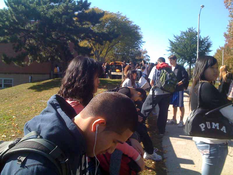 Students waiting for a bus in 2009.
